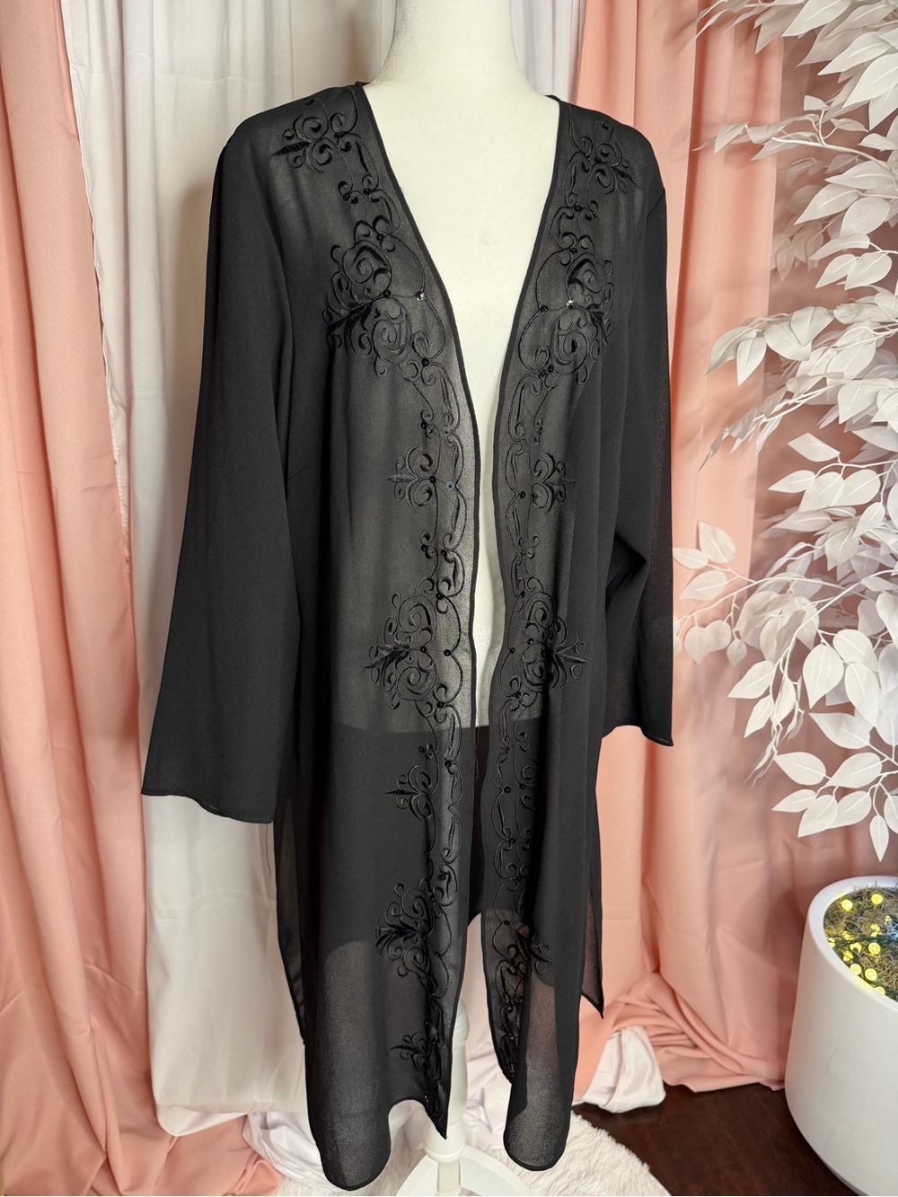 Montee Collection Black Sheer Embroidered Kimono